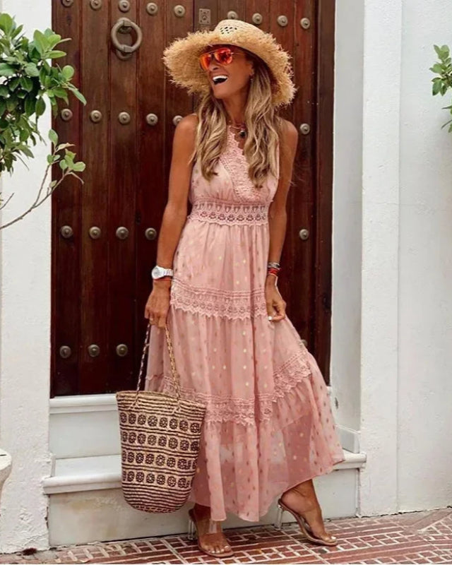 Stylish women's printed sleeveless maxi dress, V-neck, A-line silhouette. Elegant & casual for summer vacation.