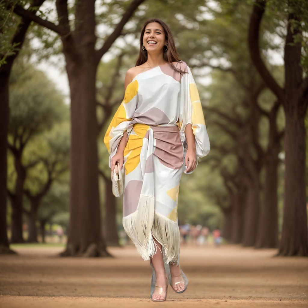 Chic women's printed two-piece set, an elegant versatile midi outfit for stylish spring and summer fashion.