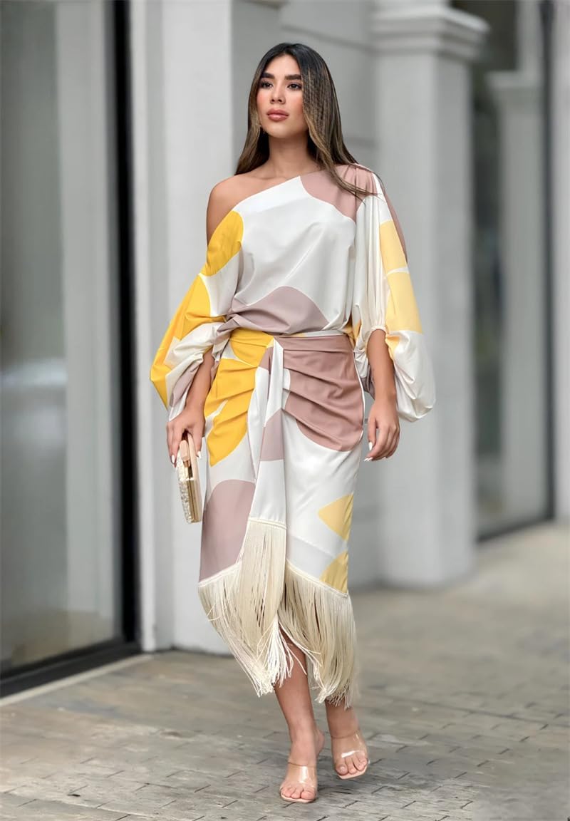 Versatile women's printed two-piece set, a chic spring outfit. Elegant midi style for ladies fashion.