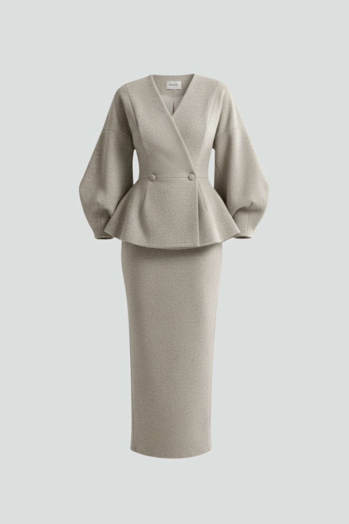 Women's elegant blazer with puff sleeves paired with a matching midi skirt. A complete formal co-ord set.