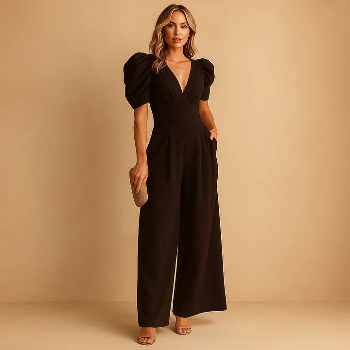 Flattering women's formal jumpsuit with elegant puff sleeves. Perfect evening wear or party outfit for special occasions.