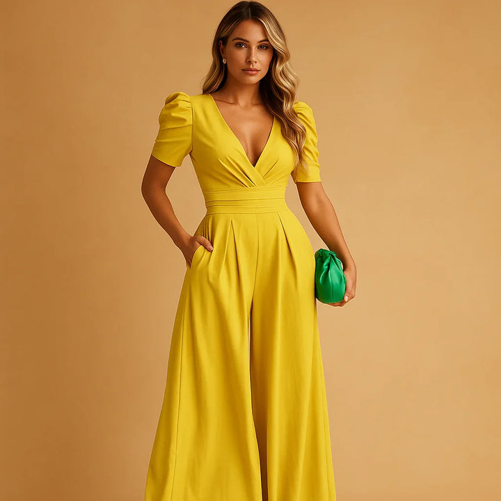 Chic puff sleeve jumpsuit for women, elegant formal wear for galas, parties & special events. Tailored for a flattering fit.