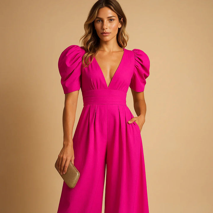 Women's tailored puff sleeve jumpsuit, an elegant & flattering piece of formal wear, perfect for evening events & galas.