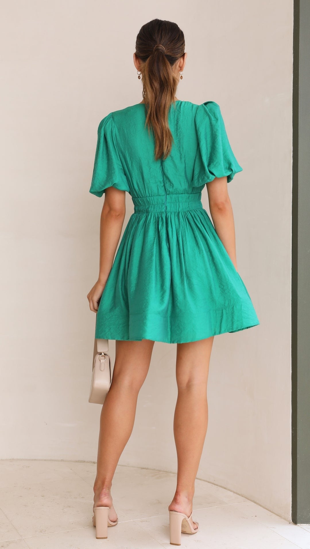Spring puff sleeve mini dress for women. Elegant & stylish short dress, perfect for chic casual or party fashion.
