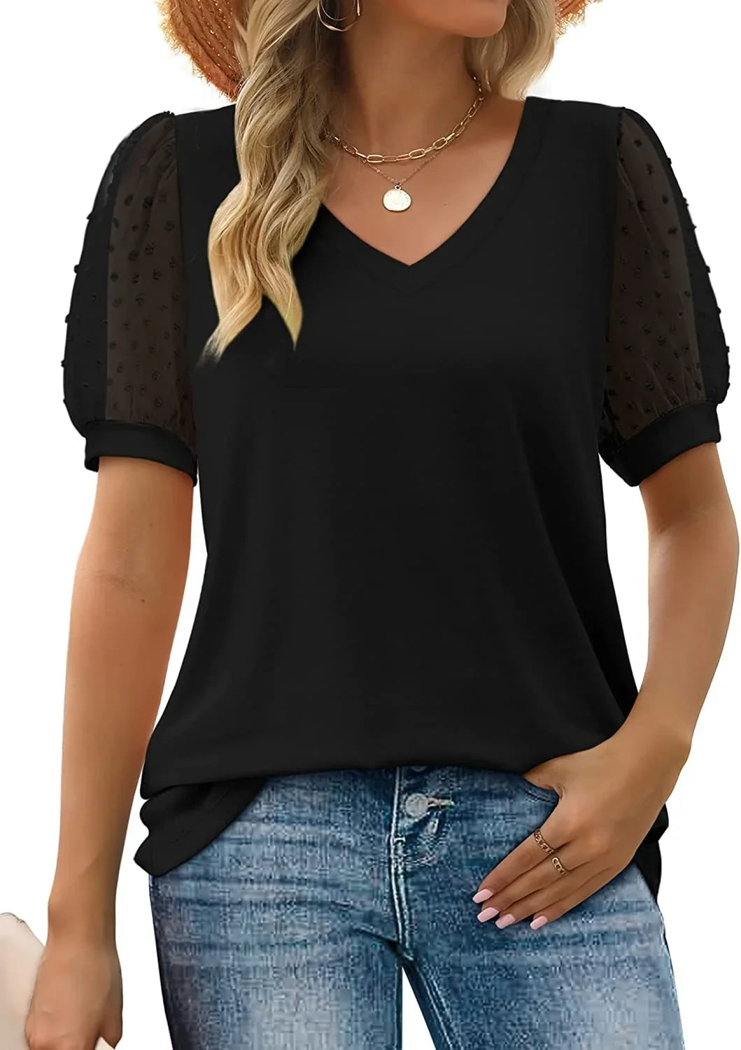 Women's elegant V-neck blouse featuring fashionable puff sleeves, ideal for spring or fall.