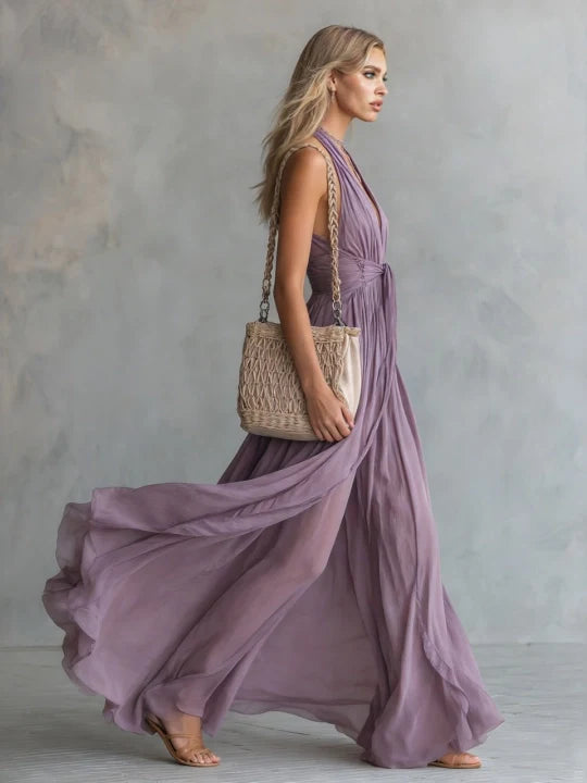 Flowing ruched halter maxi dress for women, ideal summer occasion wear or formal event; elegant & comfortable.