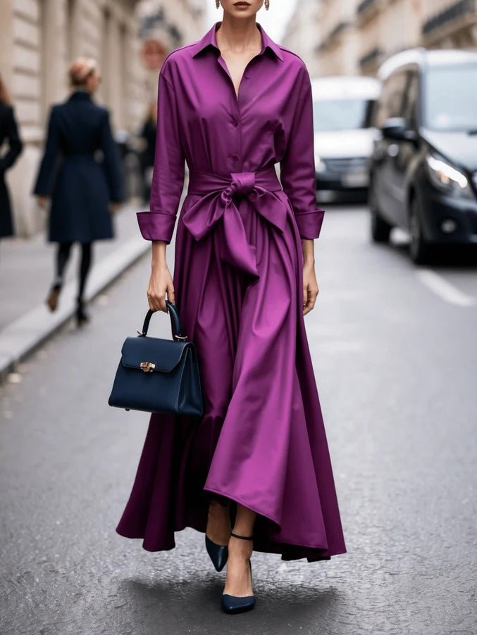 Elegant women's purple tie-waist shirt maxi dress with long sleeves, perfect for versatile day-to-night styling.