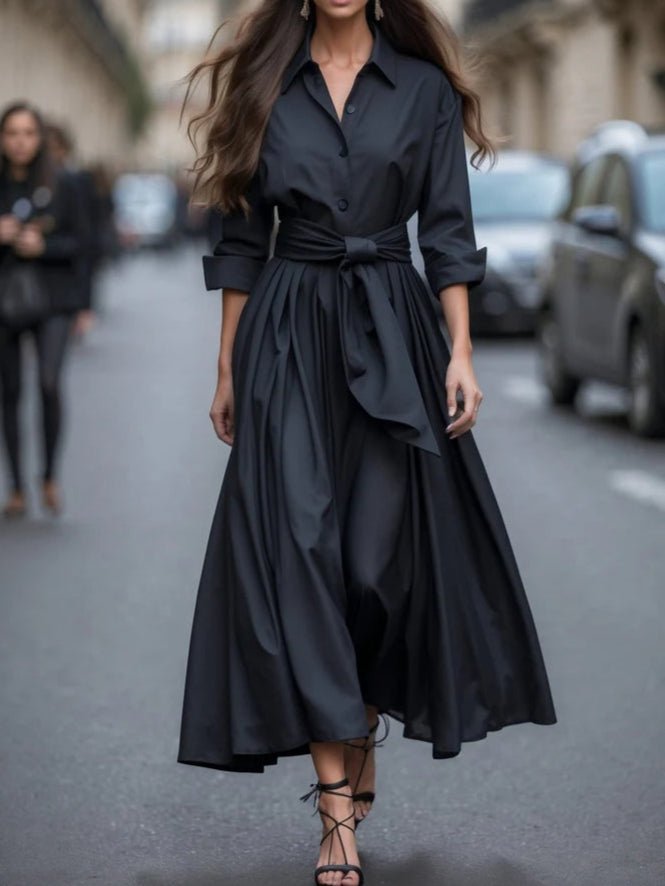 Black elegant tie-waist shirt maxi dress for women. A chic, comfortable long sleeve dress, suitable for formal or casual wear.