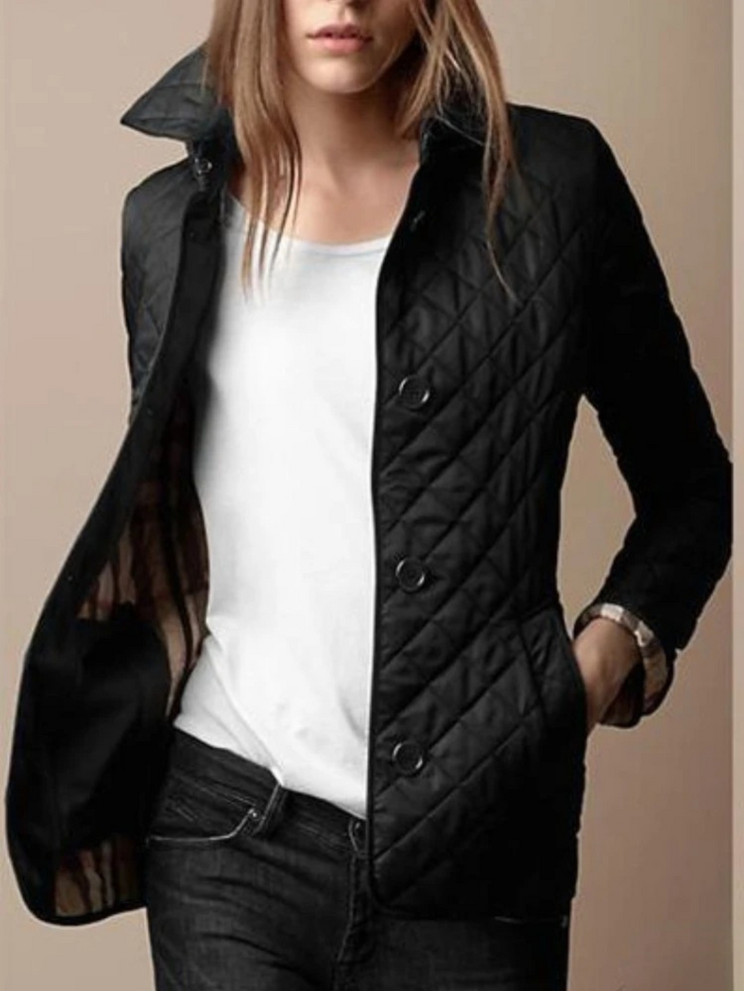 Elegant women's quilted jacket with classic turned-down collar. Perfect fall fashion & casual outerwear for everyday comfort.
