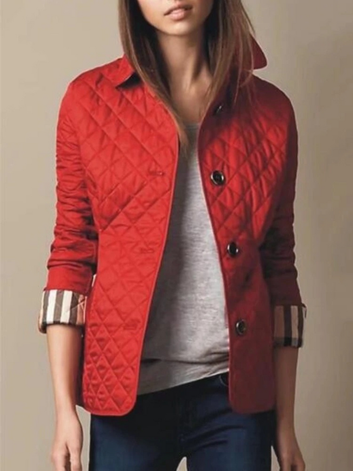 Casual women's quilted jacket, snap buttons, turned-down collar. Essential fall & winter outerwear for daily comfort.