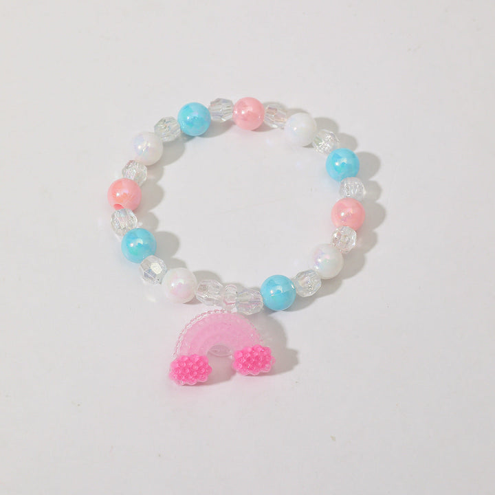 Delicate women's red crystal bead bracelet, elastic and featuring a cute heart charm.