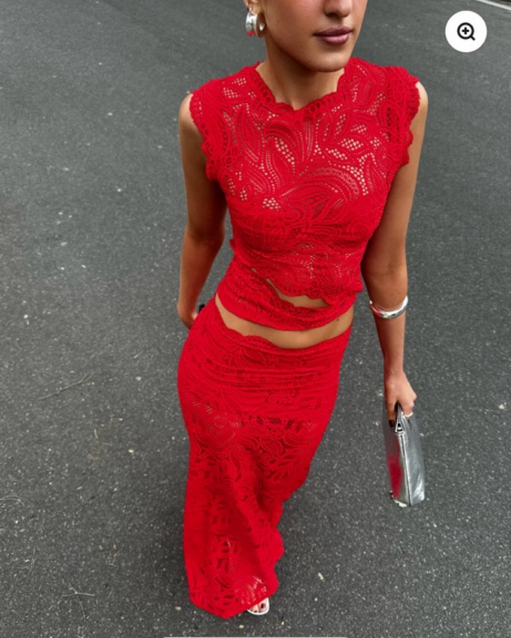 Elegant women's red lace two-piece set, perfect for evening wear or special occasions. Stylish party outfit.
