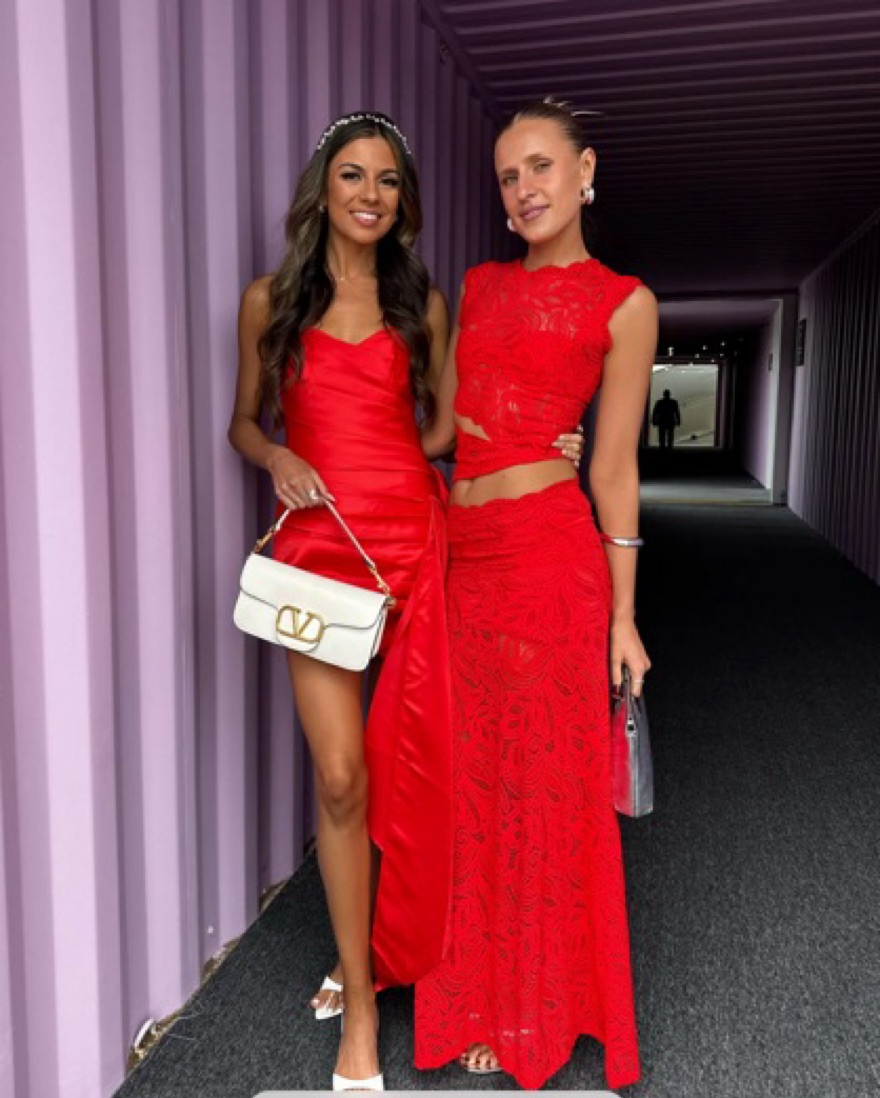 Women's fashion red lace two-piece set. Elegant evening wear for parties and special occasions. Comfortable fit.