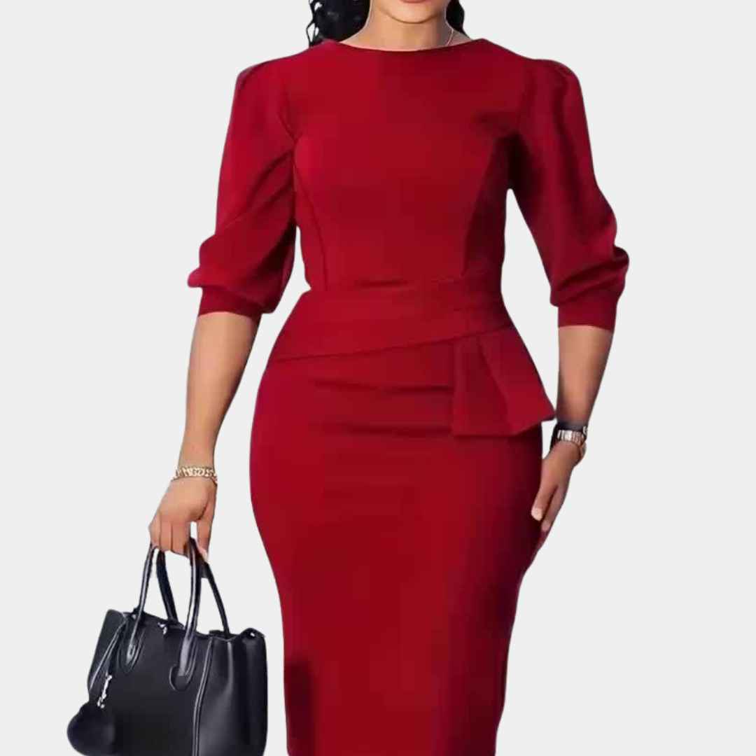 Elegant Women's Refined Ruffle Midi Dress with peplum & 3/4 sleeves. Perfect for autumn/winter sophistication.