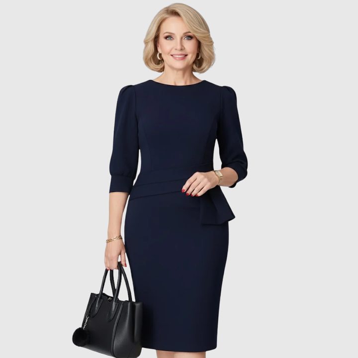 Sophisticated Women's Midi Dress with refined ruffles, peplum waist, and elegant three-quarter sleeves.
