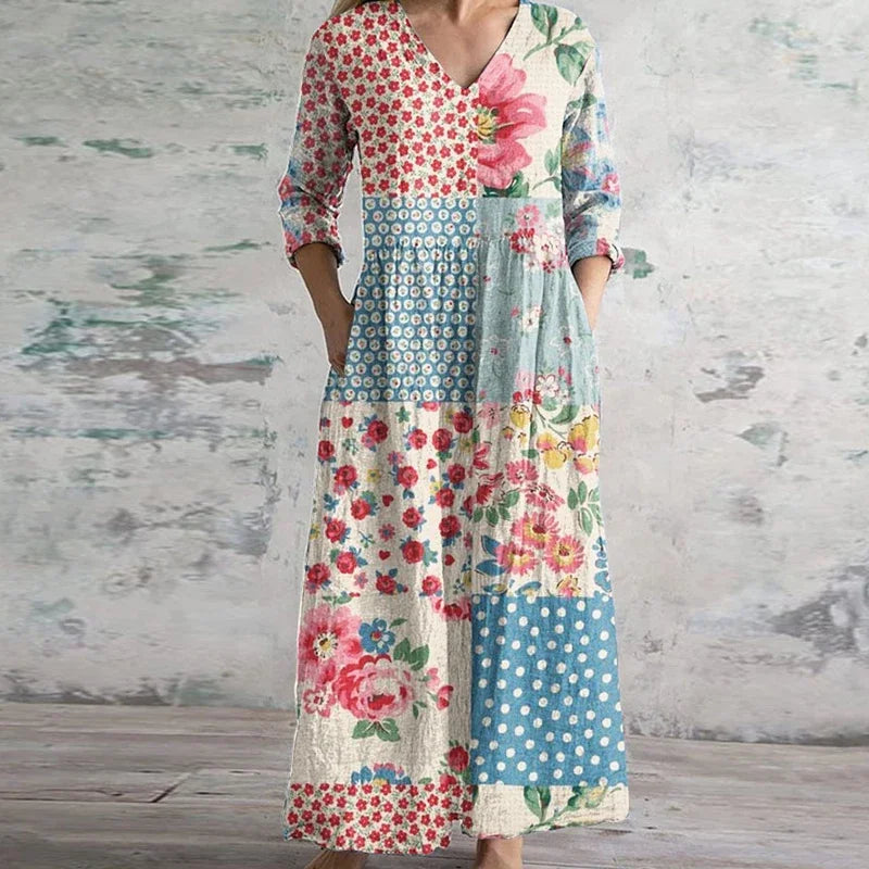Elegant women's retro floral maxi dress, perfect for summer parties or vintage-themed vacations.