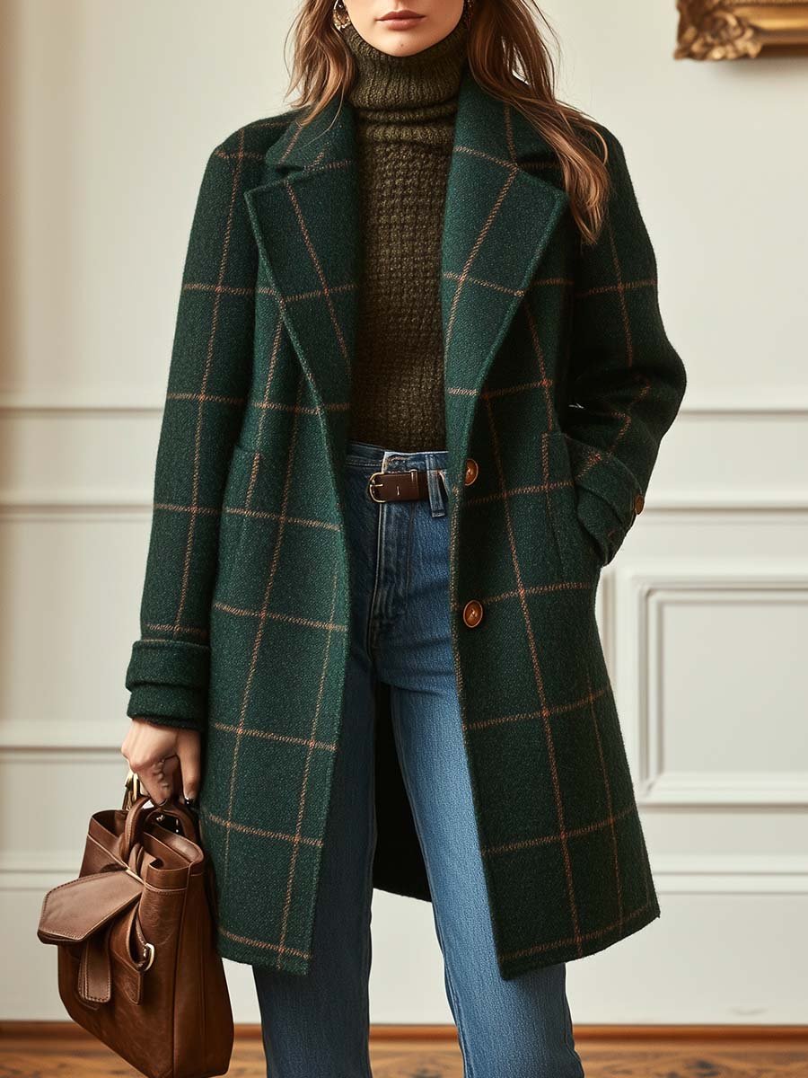 Elegant women's retro plaid lapel coat, perfect for vintage style autumn and winter fashion outerwear.