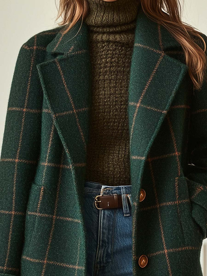Stylish women's elegant plaid long coat with classic lapel, ideal for timeless retro fashion outerwear.