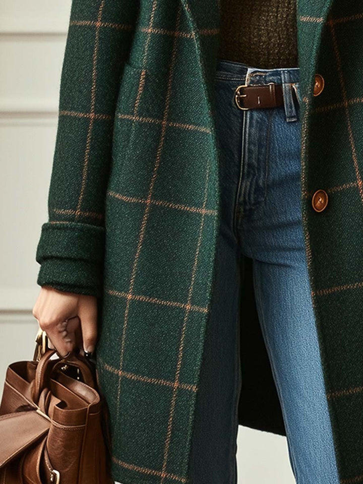 Classic women's autumn winter plaid lapel coat, offering elegant and timeless retro fashion outerwear.