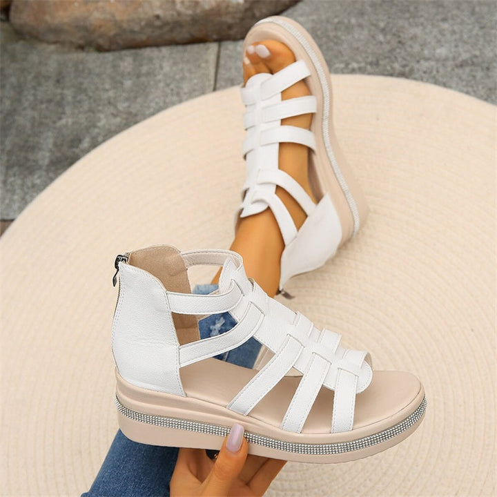 Comfortable slip-on women's wedge sandals with sparkling rhinestones for casual wear.