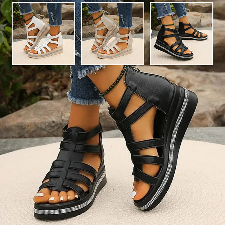 Party-ready elegant women's wedge sandals with sparkling rhinestone straps.