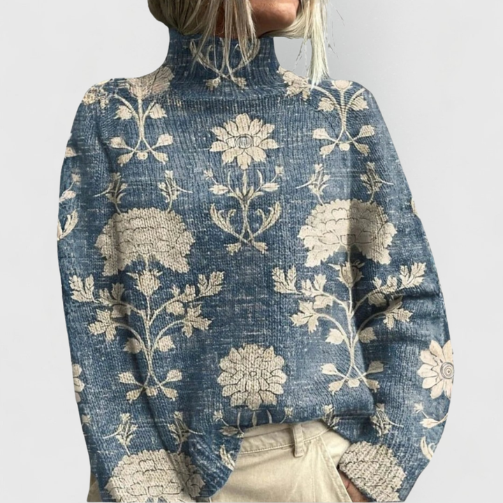 Elegant women's roll neck jumper in soft knit. Stylish long sleeve sweater for winter fashion and cozy comfort.