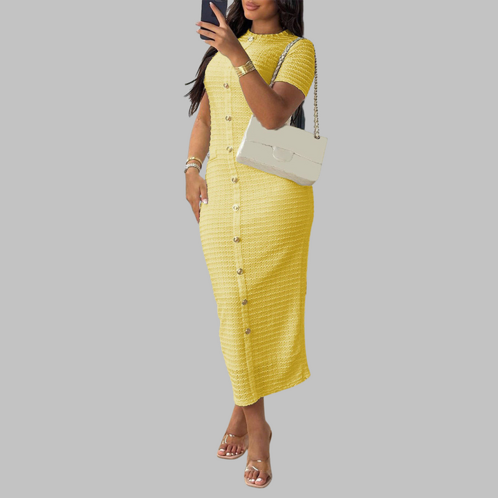 Graceful women's round neck maxi dress with chic fake buttons, offering an effortlessly elegant and versatile look.