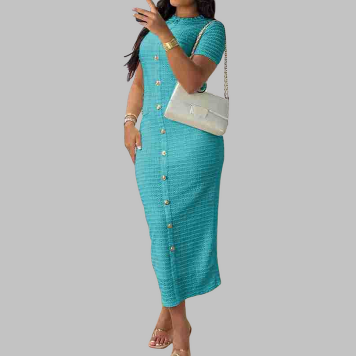Timeless women's elegant maxi dress, round neck and fake buttons, perfect for sophisticated day-to-night wear.