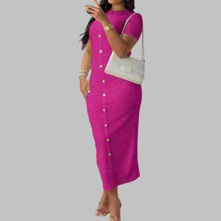 Sophisticated women's round neck maxi dress with elegant fake button accents for versatile, chic fashion.