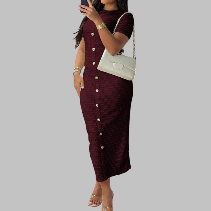 Classic ladies' maxi dress, elegant round neck design and stylish fake buttons for a truly timeless appeal.