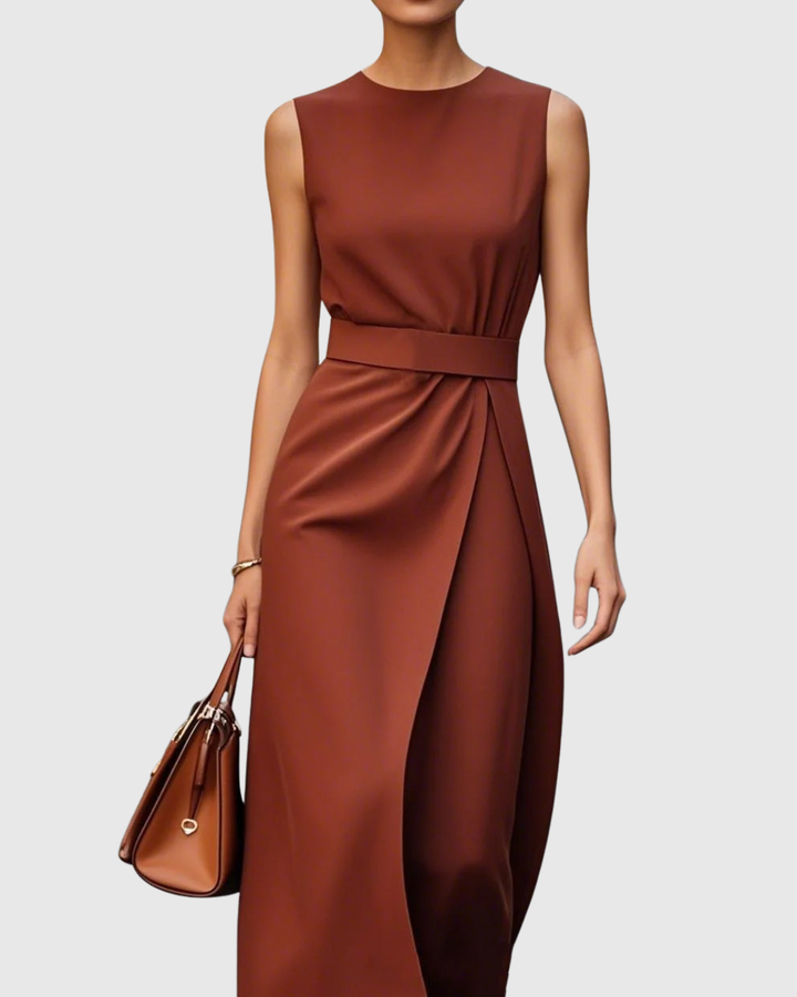 Elegant women's round neck midi dress with a stylish side slit.