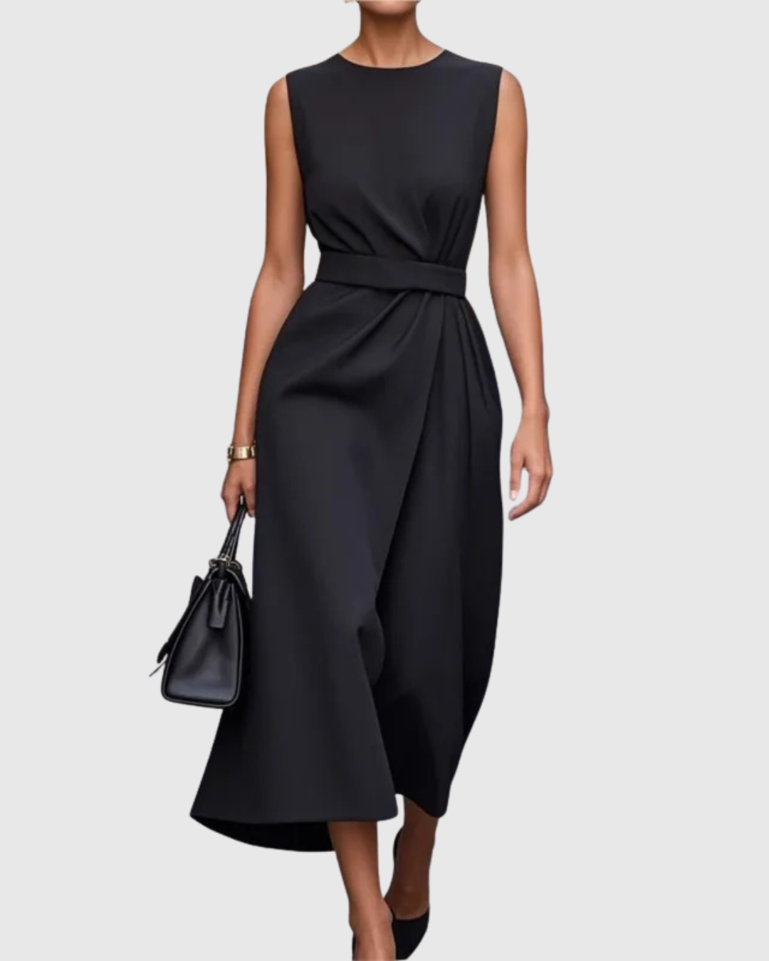 Chic women's sleeveless midi dress with round neck and side slit, perfect for special occasions.