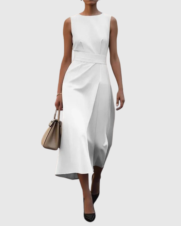 Flattering women's elegant midi dress, round neck & side slit. Versatile day to night style.