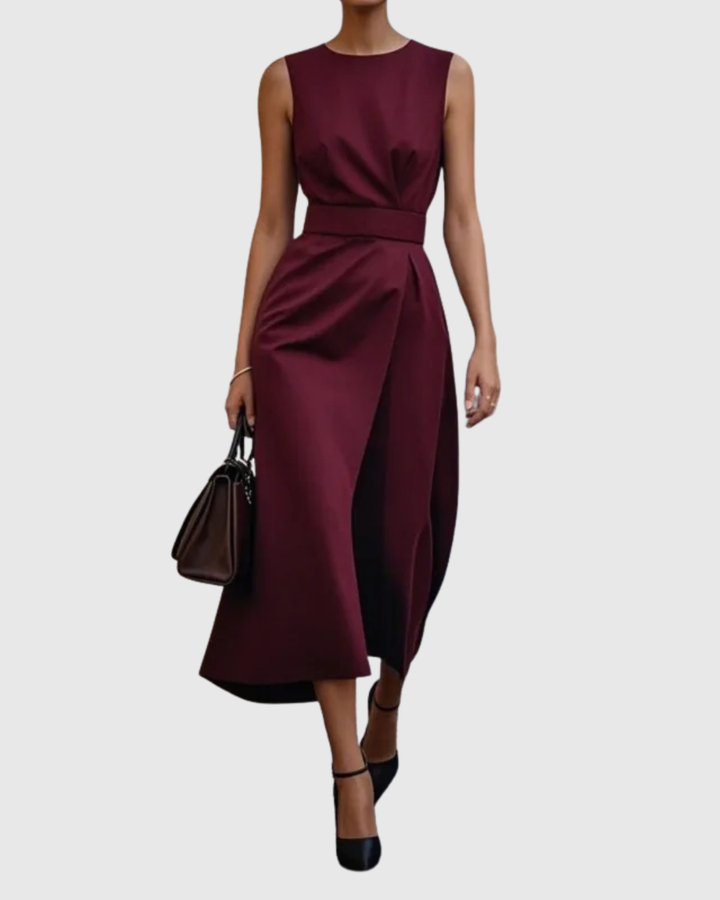 Sophisticated women's round neck midi dress with a pleated waist and elegant side slit.