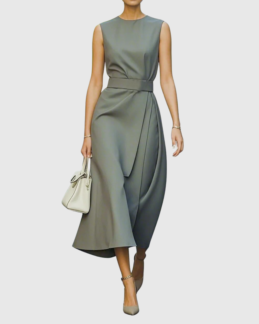 Women's versatile sleeveless midi dress, elegant round neck design & fashionable side slit.