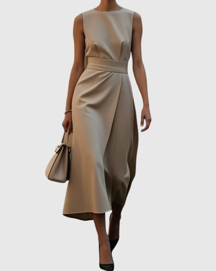 Elegant women's round neck midi dress with a chic side slit, ideal for day to night wear.