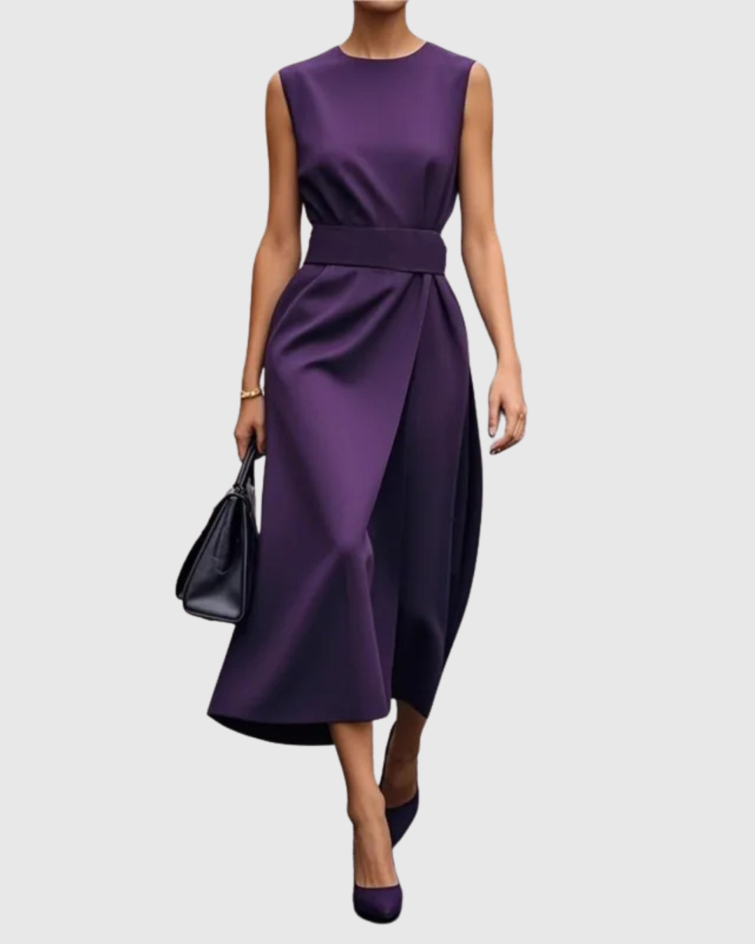 Stylish women's midi dress with a flattering round neck, pleated waist, and sophisticated side slit.