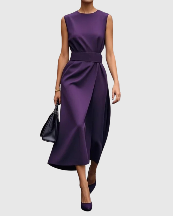 Stylish women's midi dress with a flattering round neck, pleated waist, and sophisticated side slit.