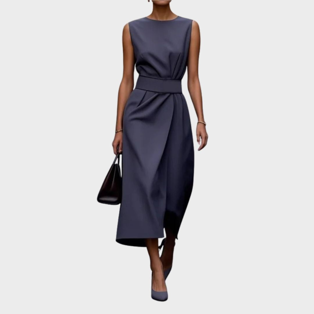 Women's special occasion midi dress, elegant round neck, sleeveless, and a chic side slit.