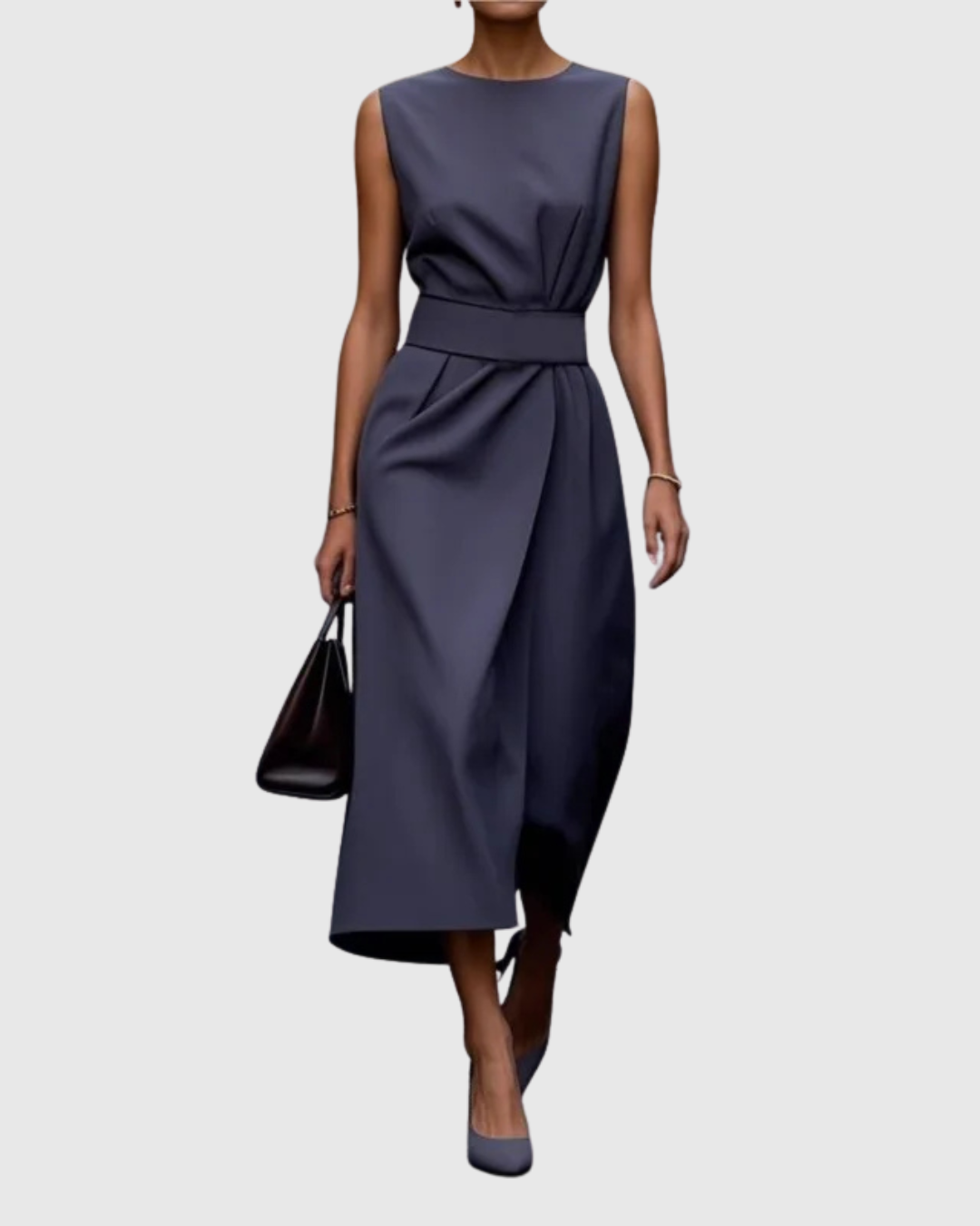 Modern women's elegant midi dress featuring a round neck, flattering fit, and stylish side slit.