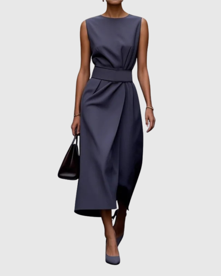 Modern women's elegant midi dress featuring a round neck, flattering fit, and stylish side slit.