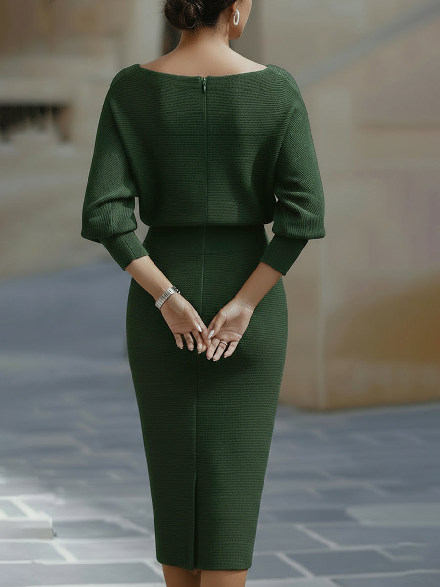 Women's versatile round neck midi dress with graceful batwing sleeves. Ideal for all occasions.