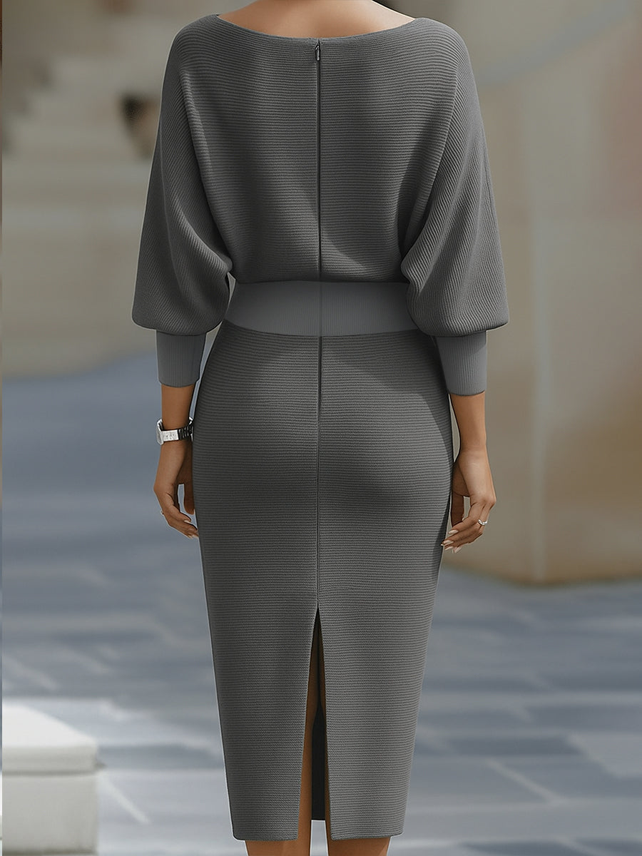 Elegant women's round neck batwing sleeve midi dress, perfect blend of style and comfort.