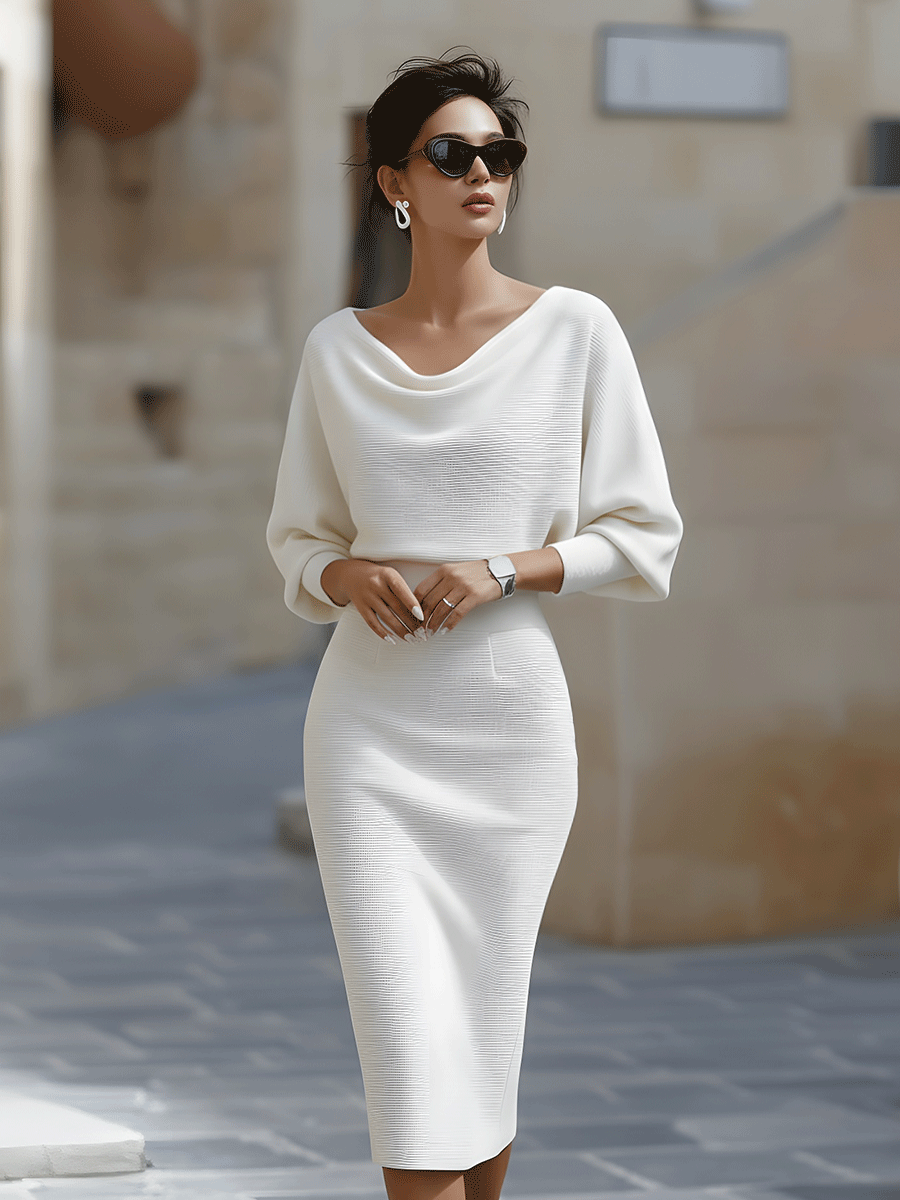 Classic women's midi dress, round neck and stylish batwing sleeves. Elegant, comfortable, and versatile.