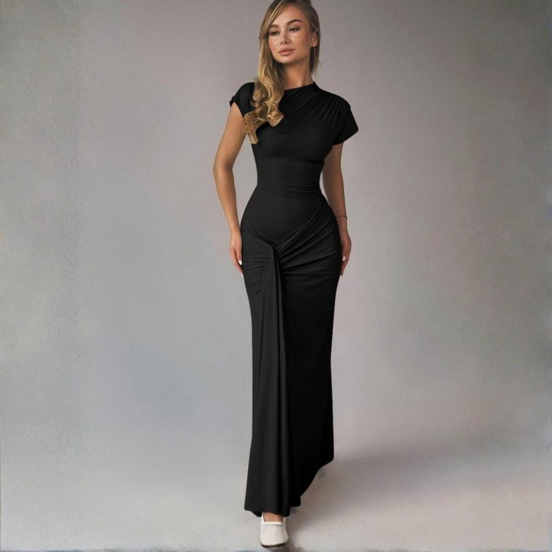 Elegant women's ruched bodycon formal midi dress with long sleeves for special occasions.