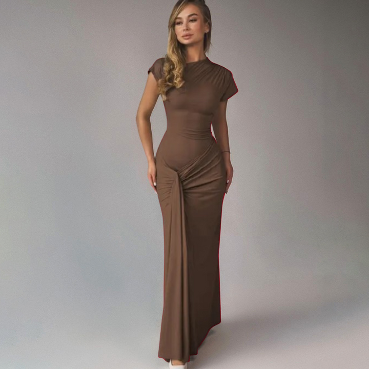 Women's formal wrap dress, ruched bodycon style, an elegant midi for evening wear.