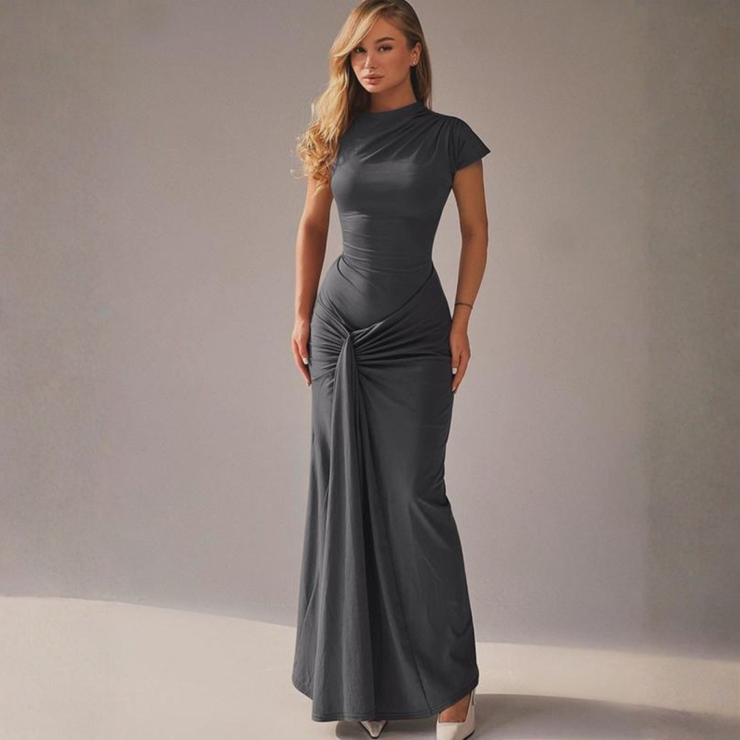 Sophisticated long sleeve ruched bodycon midi dress for women's formal and evening events.