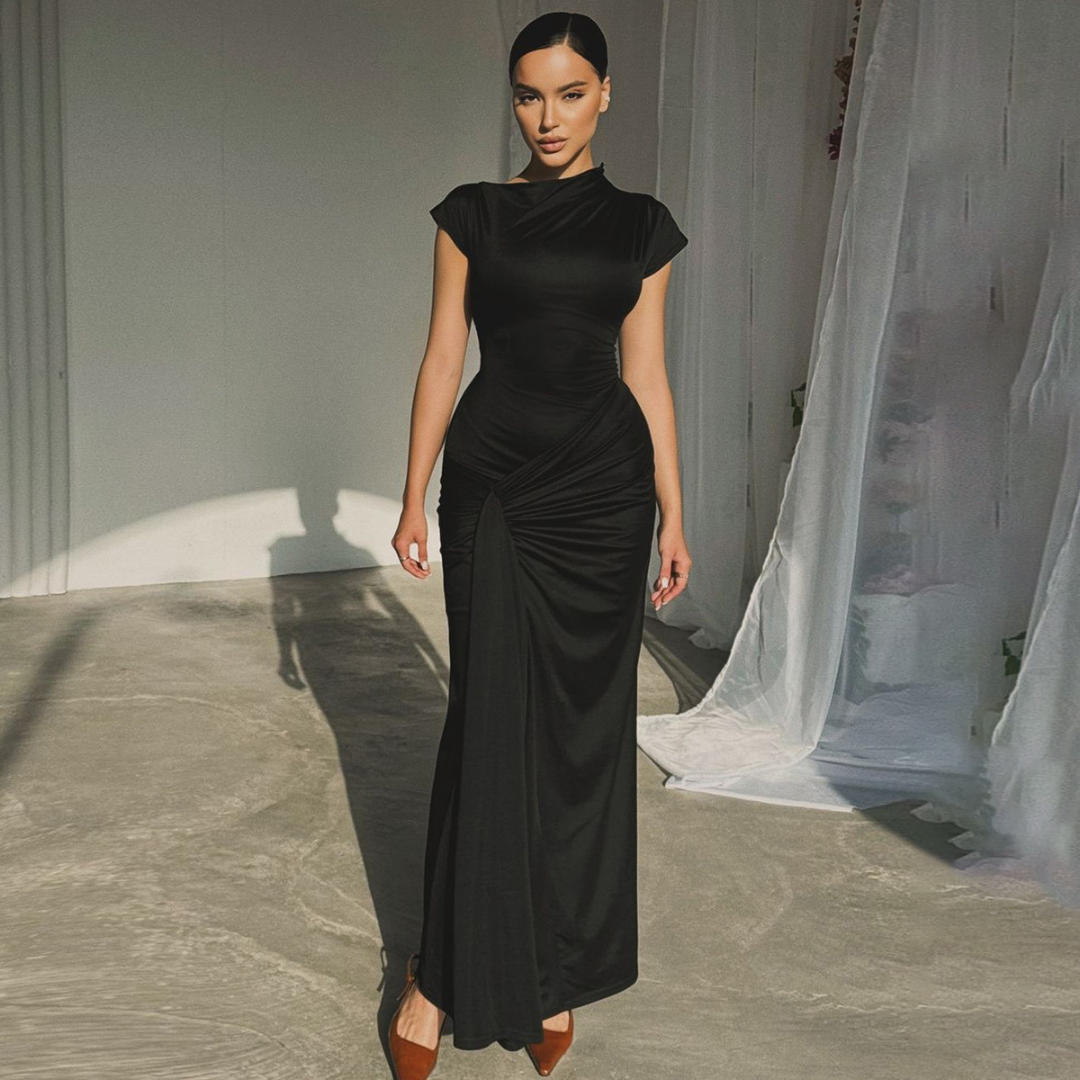 Elegant women's ruched bodycon wrap maxi dress, perfect for evening parties & formal occasions. Flattering fit.