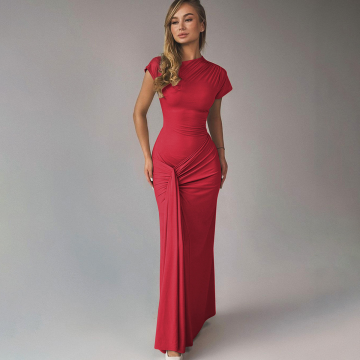 Sophisticated women's wrap maxi dress with elegant ruching & bodycon fit. Ideal for parties & special occasions.