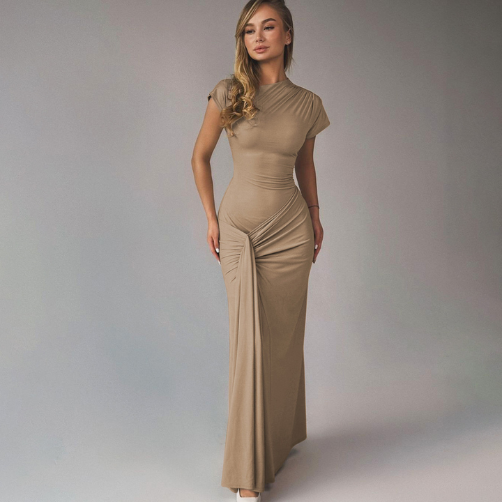 Sophisticated women's ruched wrap maxi dress with a flattering bodycon silhouette. Ideal for formal evenings.